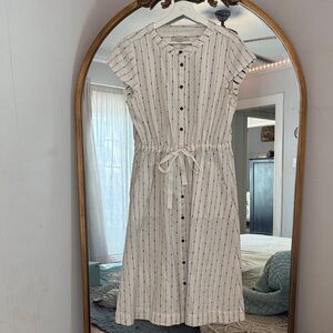 LOFT cream and navy blue Stripe Midi Dress